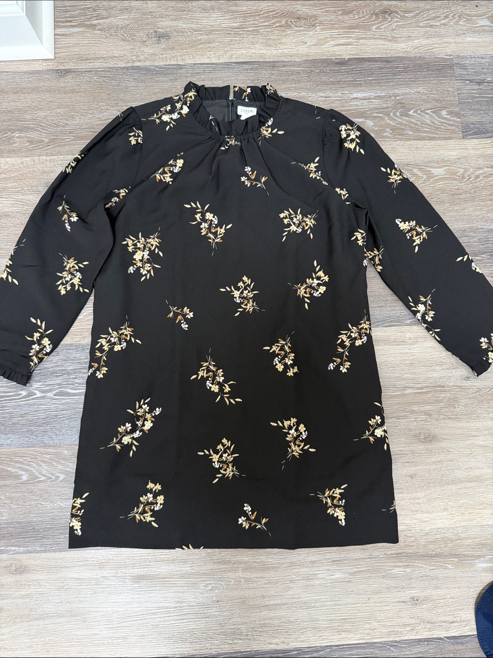 NWT sz 12P J. Crew Black Floral Long-Sleeve Shift Dress with Cream/Tan Blossom